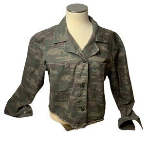 Sanctuary Camo Denim Jacket women's large (9-10) stretch denim Army frayed hem